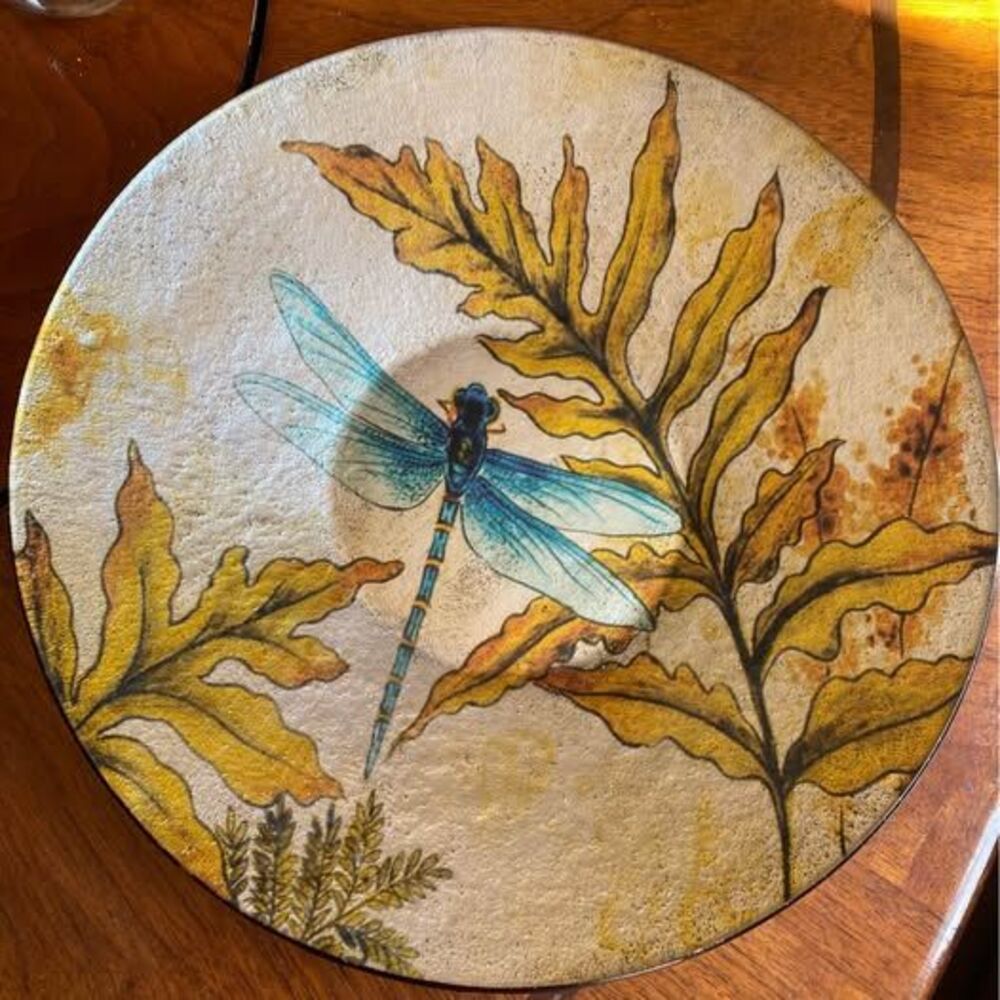 AngelStar Cozenza Dragonfly Spirit 12.5" Hand Painted Glass Platter